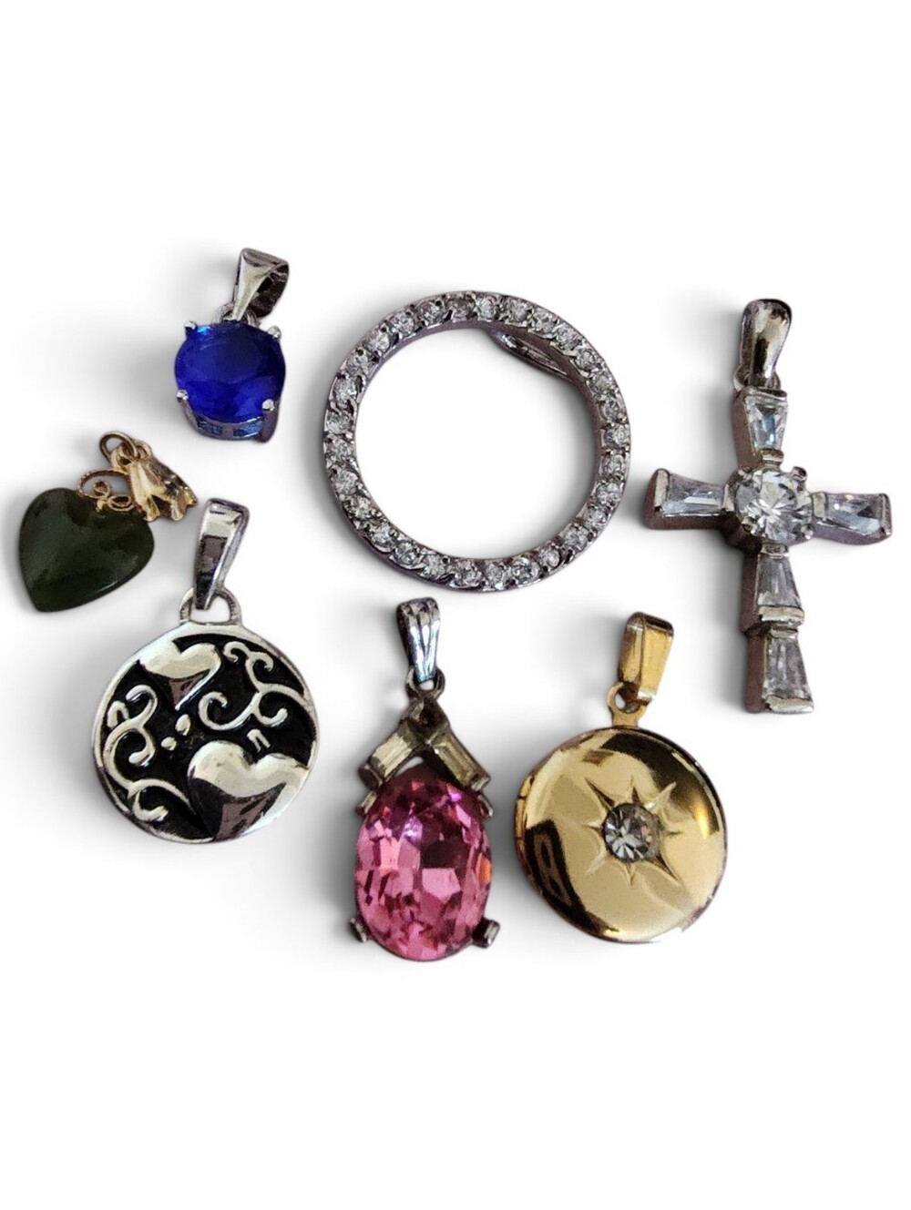 Mixed Pendant Lot 7 Pc Rhinestone 925 Cross Heart Vintage Style Jewelry